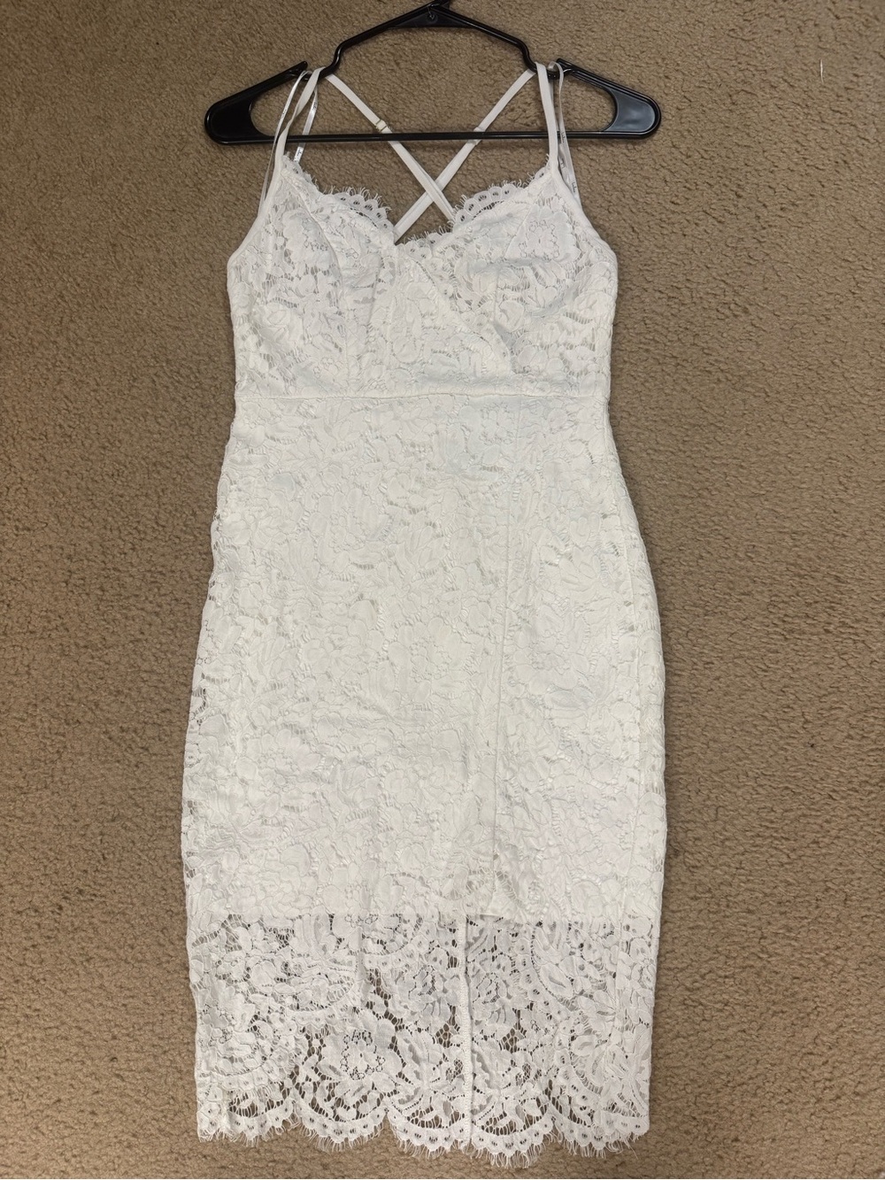Lulus White Lace Strappy Bodycon Dress. Size medium